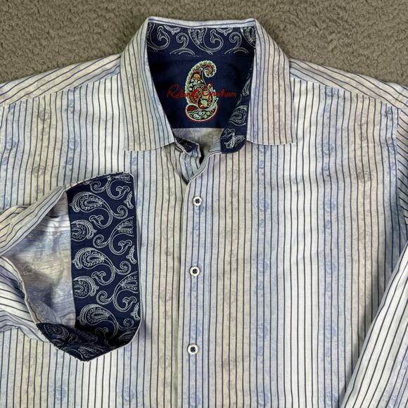 Robert Graham Shirt Mens 2XL Blue Yellow Jacquard Floral Paisley Flip Cuff - Picture 1 of 8